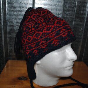 Vintage Smiley Wool Beanie Ear Flap Ski Knit Hat Cap red/ blue Made in USA 80s